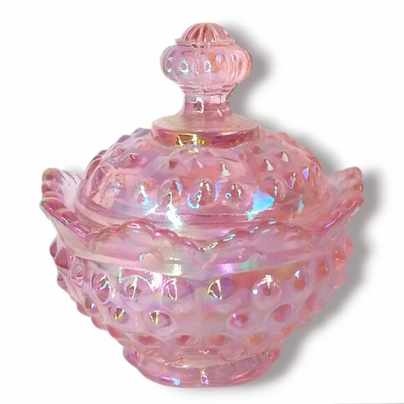 Vtg Fenton Pink Opalescent Iridescent Hobnail Candy Dish w/Lid 3.5in Small - Picture 1 of 11